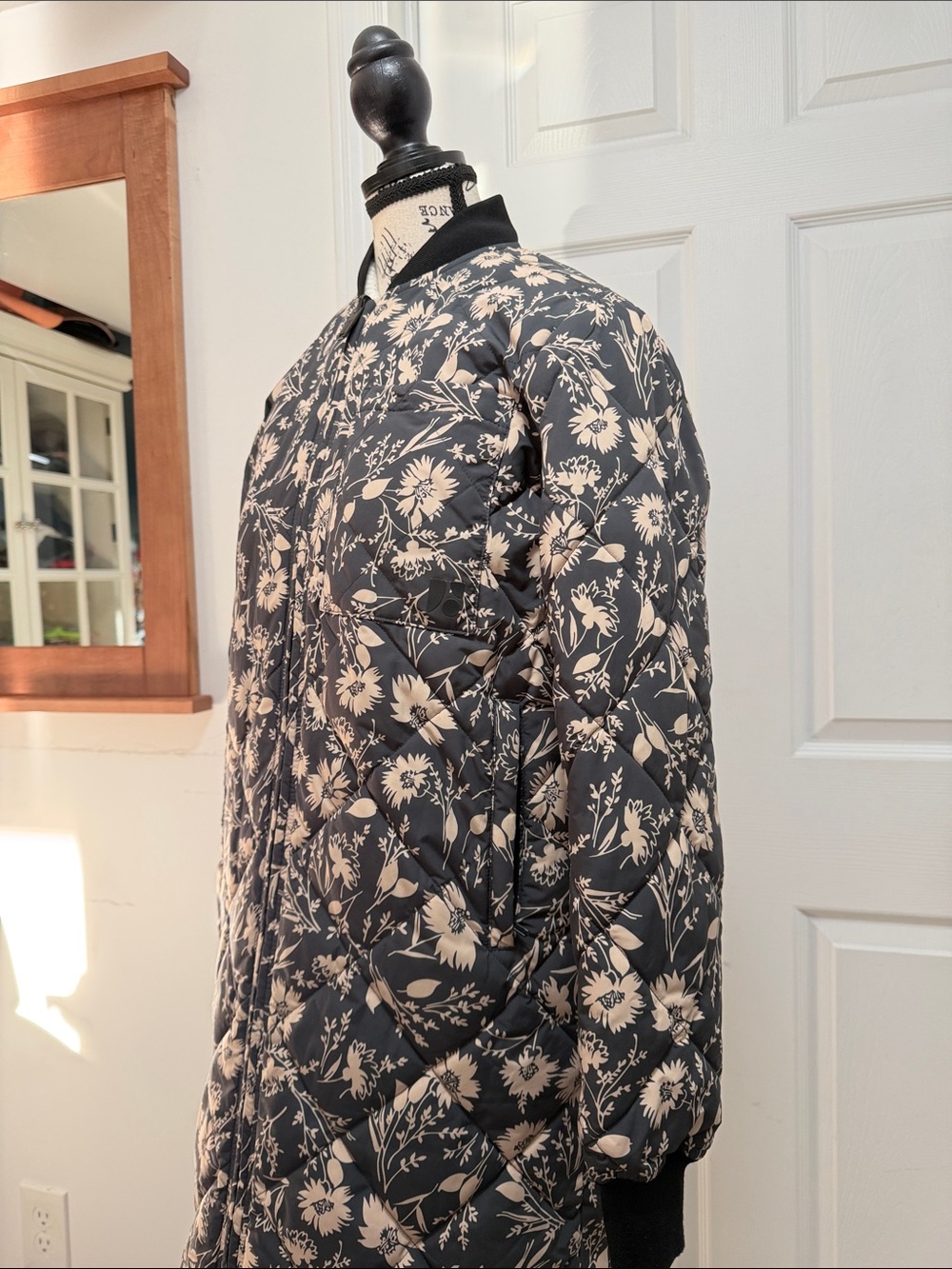 Frank & Oak Black Floral Quilted Long Bomber Jacket